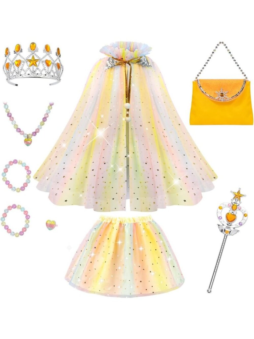 Princess Dress Up Cape with Crown & Tutu Costume Set for Girls Ages 3-8-Colorful